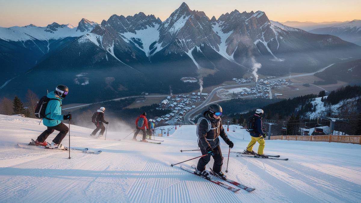 Skiers descending a groomed slope above the tree line with a resort village visible below