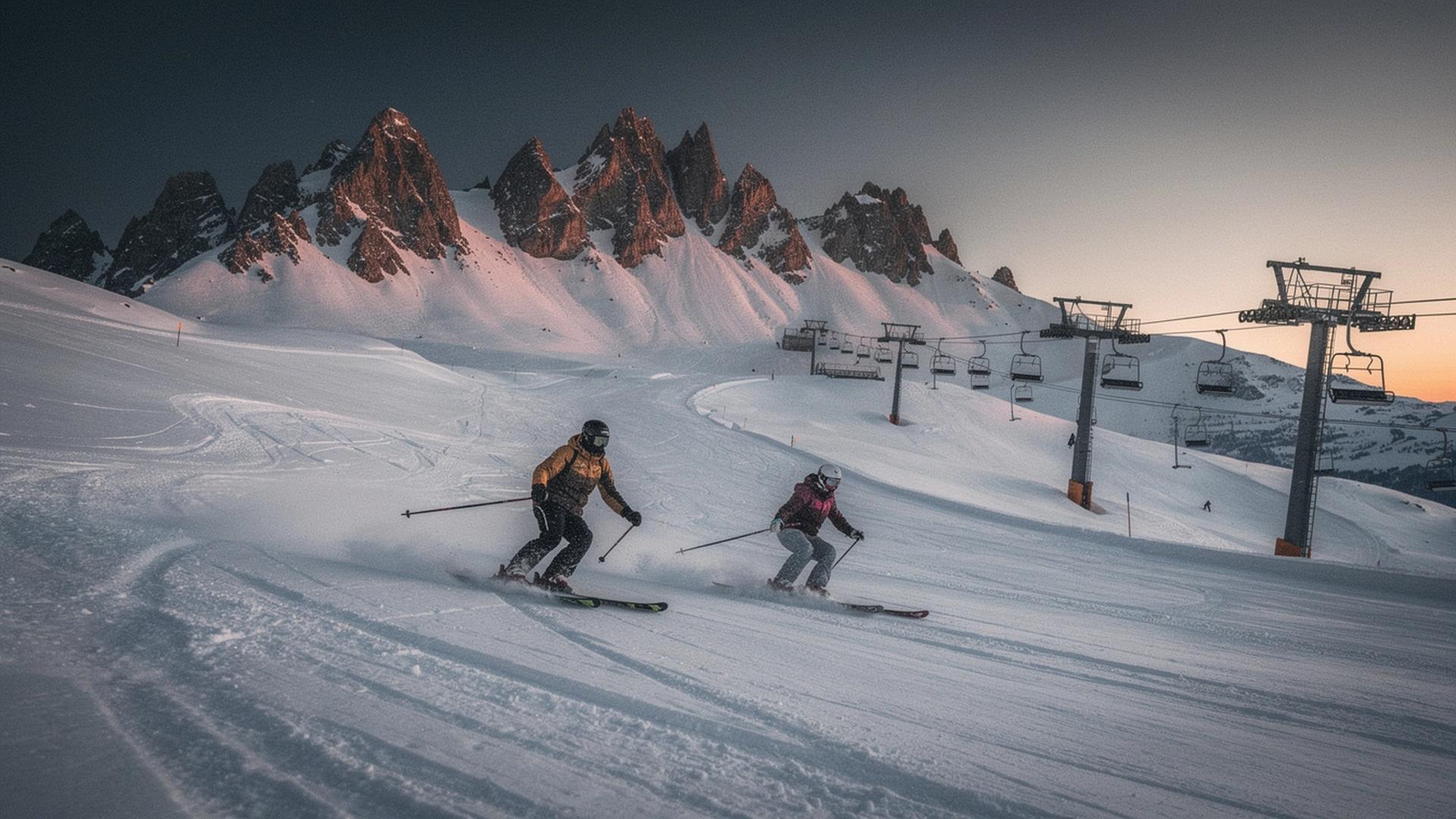 Skiers carving a groomed alpine slope below a rocky ridge at sunrise