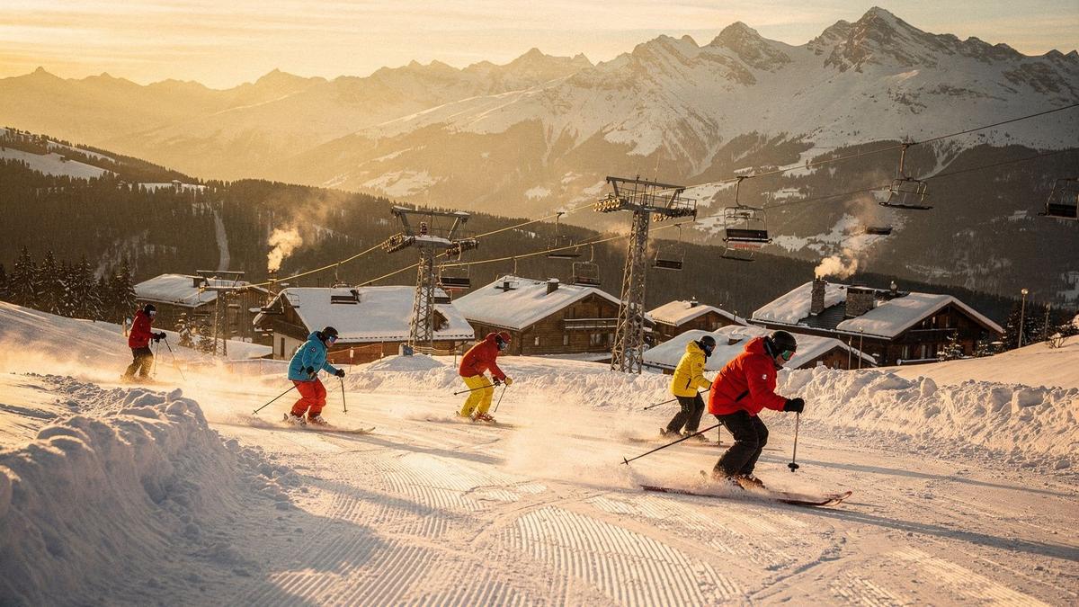Skiers descending a groomed slope toward a village of timber chalets at dusk